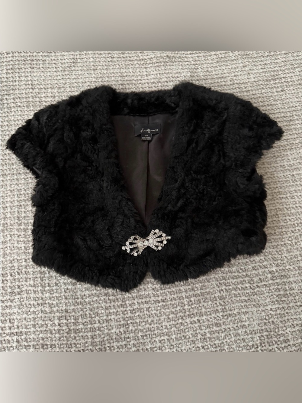 Forever 21 Black Faux Fur Bolero with Rhinestone Brooch